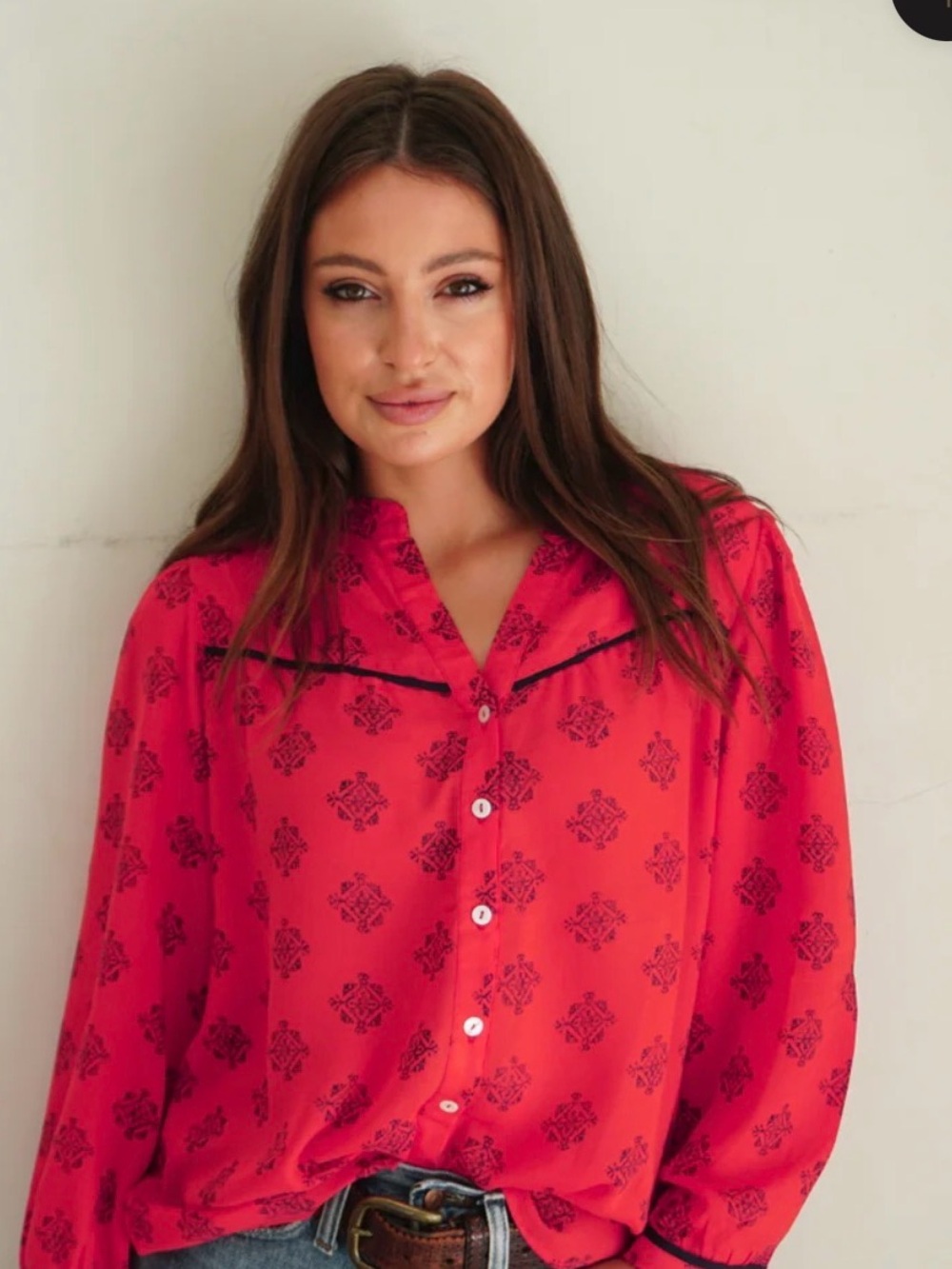 Red Printed Button-Front Sleep Shirt - Women's Pajama Top